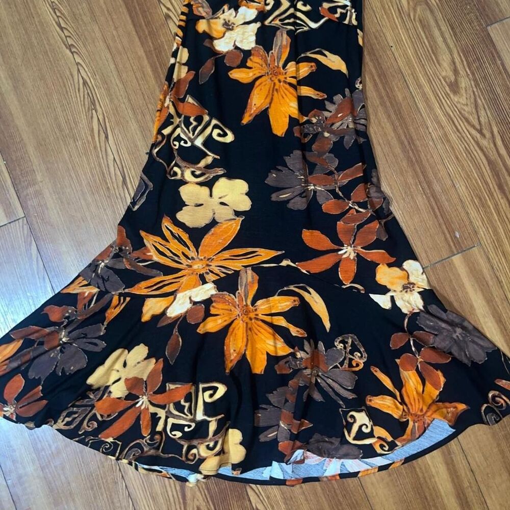 Vintage Y2K Cache Women's Black & Orange Tropical Floral Halter Midi Dress SZ 4 - Picture 2 of 4